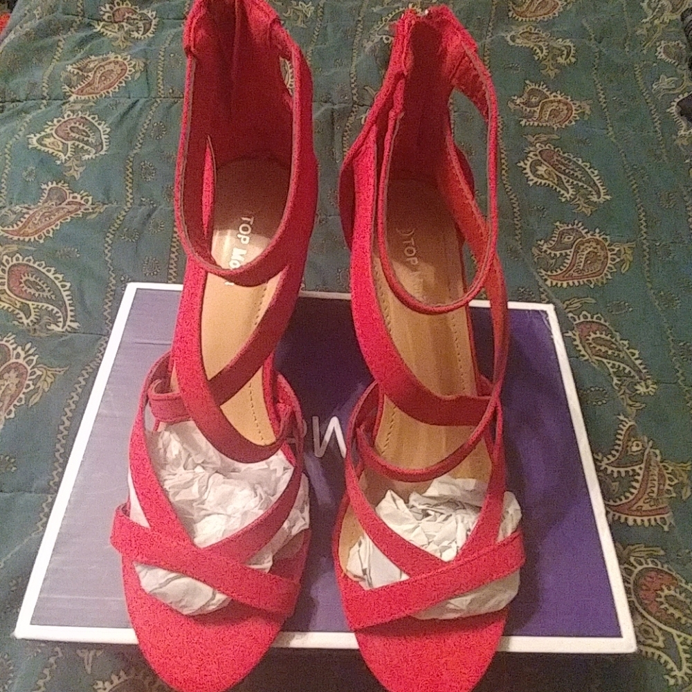 Red open toe sandals with 3 inch heels